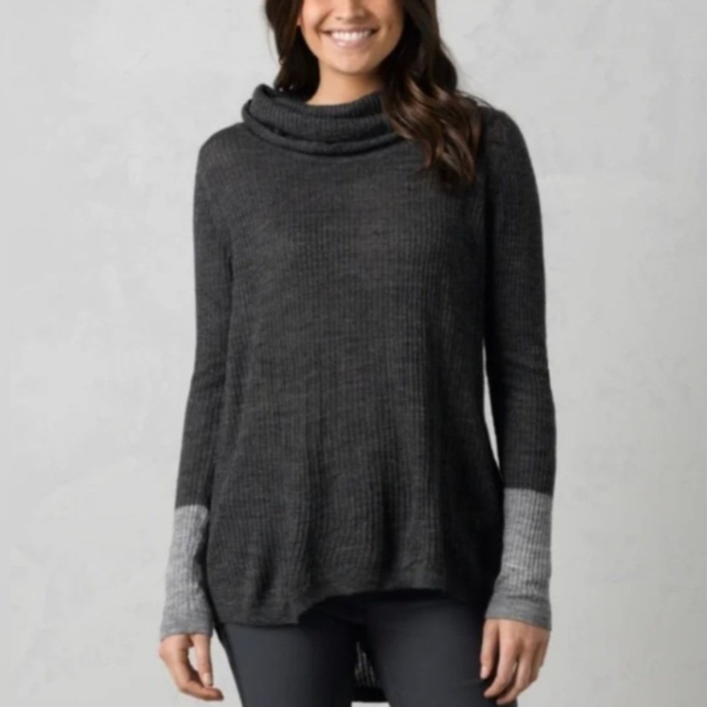 Prana XL Rochelle Cowl Neck Sweater Womens Gray Ribbed Wool Blend Colorblock
